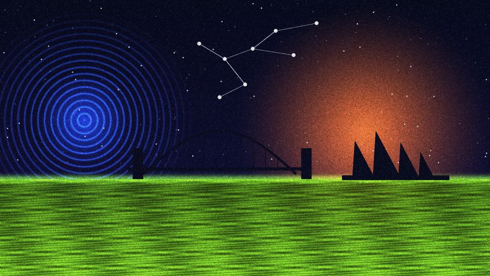 Psychedelic screen-print of Sydney Harbour at night: acid-green water, an orange glow behind abstract Opera House sails, the Harbour Bridge arch, electric-blue rings and a star chart.